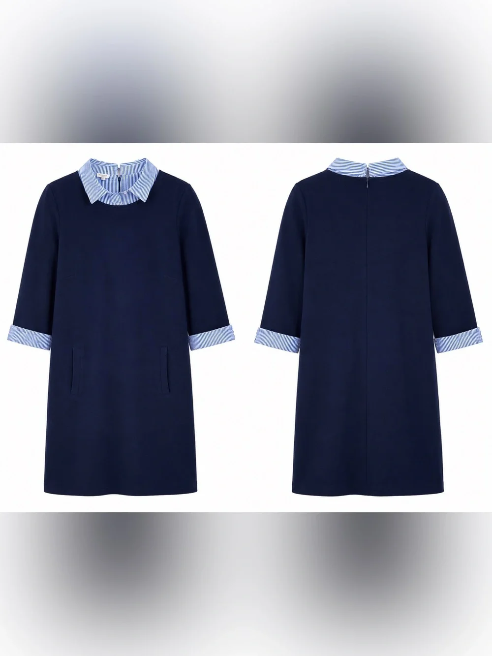 Talbots Navy Blue Cotton Dress Striped Collar Coastal Preppy Pockets Size Medium - Picture 4 of 16